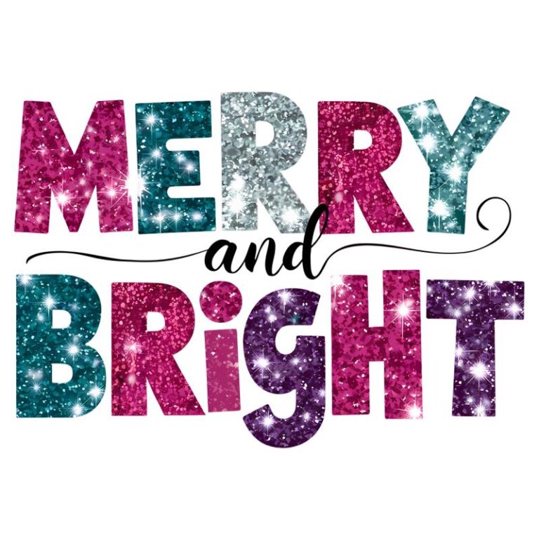A sparkling Christmas-themed design featuring the phrase "Merry and Bright" in glittering pink, teal, silver, and purple tones.