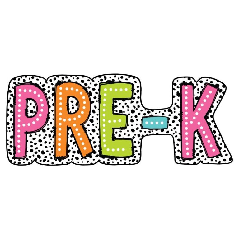 Pre-K Dalmatian Dots DTF Transfer with colorful polka-dotted letters spelling "Pre-K" on a fun, spotted Dalmatian background.