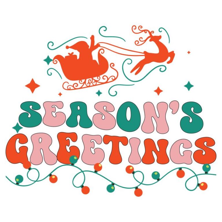 Season's Greetings Christmas DTF Transfer featuring Santa in a sleigh pulled by a reindeer, colorful retro lettering, and festive ornaments.