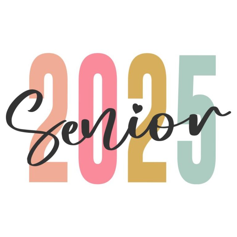 DTF transfer design featuring 'Senior 2025' in elegant pastel shades with a cursive overlay and heart accent, perfect for senior year celebrations.
