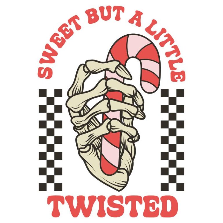 Sweet But A Little Twisted Candy Cane Skeleton Hand with festive checkerboard accents, perfect for a humorous Christmas DTF heat transfer.
